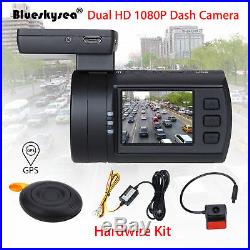 0906 Dual 1080P Lens Car Dash Camera GPS DVR Cam +Hard Wire Kit Capacitor Mini