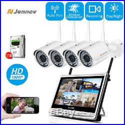 1080P 4CH 12' LCD NVR Wireless Security Camera System kit Outdoor WiFi 1TB 2MP