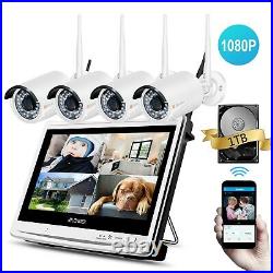 1080P Security Camera System Wireless Outdoor WiFi 12'' LCD Monitor CCTV 1TB Kit