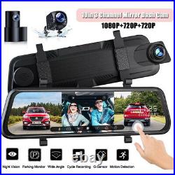 10'' Mirror Dash Cam 3 Channel 1080P Backup Camera Touch Screen Car Recorder 3CH