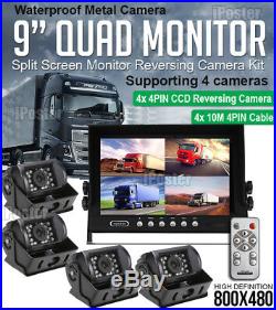 4x 18 IR LED CCD Reversing Camera + 9 4CH Quad Split Monitor 4PIN Rear View Kit