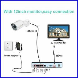 5MP 1920P POE Security IP Camera System Kit Ourdoor 12'' Monitor NVR Audio CCTV