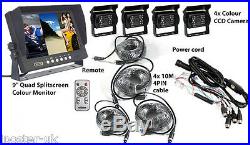 9 QUAD MONITOR+4x 18 IR LED REAR VIEW REVERSE CCD CAMERA 4PIN KIT FOR TRUCK BUS
