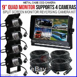 9 Quad Monitor For Truck Tractor Reversing Security 4x CCD Rear View Camera Kit