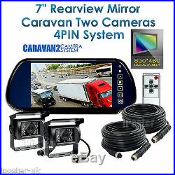 For Motorhome Bus 2x Camera Rear View Reversing CCD 4Pin Kit & 7 Mirror Monitor
