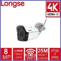 Wifi 4K CCTV 8MP UHD System IP Wireless Longse 4CH NVR Outdoor Camera Kit HD UK