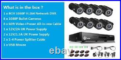 Xvim 1080P 8CH DVR+8X 2MP Metal Bullet Outdoor Cameras Kit Home Security System